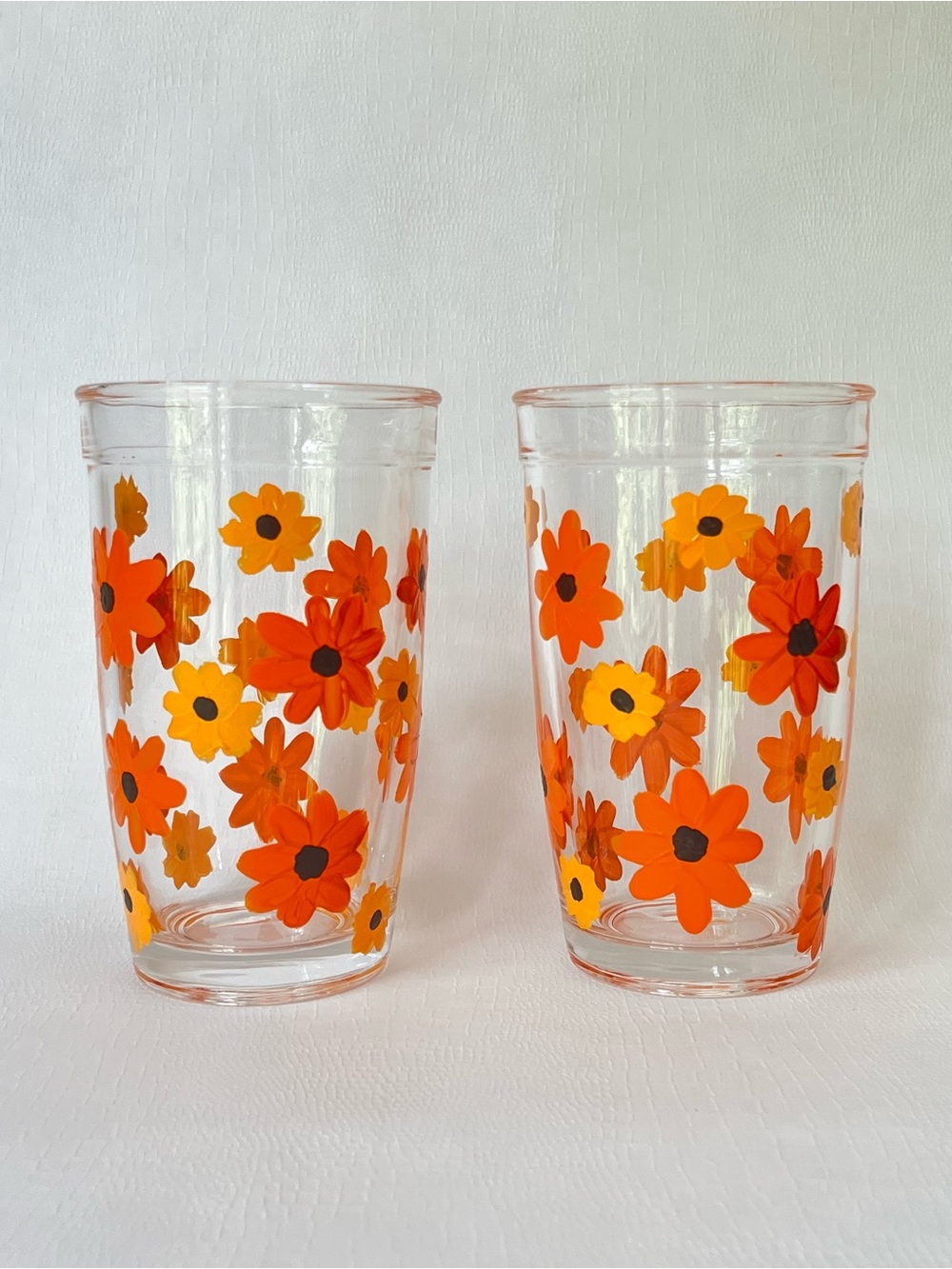 Hand-painted Glass Tumblers with Orange & Yellow Floral Print (Set of 2)